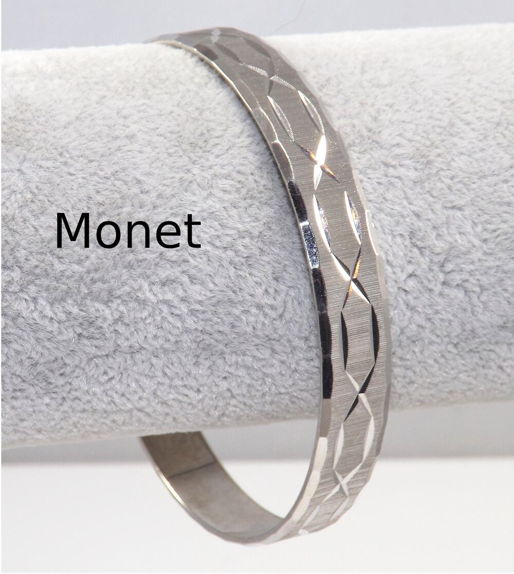 Vintage 1970s Monet Silver Tone Textured Bangle Bracelet, Satin Finish